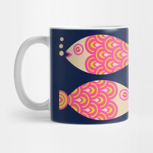 TWO FUN SWIMMING GEOMETRIC FISH in Bright Hot Pink, Chartreuse Green and Sand - UnBlink Studio by Jackie Tahara Mug